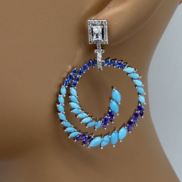 BLUE PURPLE CZ SILVER STATEMENT EARRINGS - Picture 3 of 4